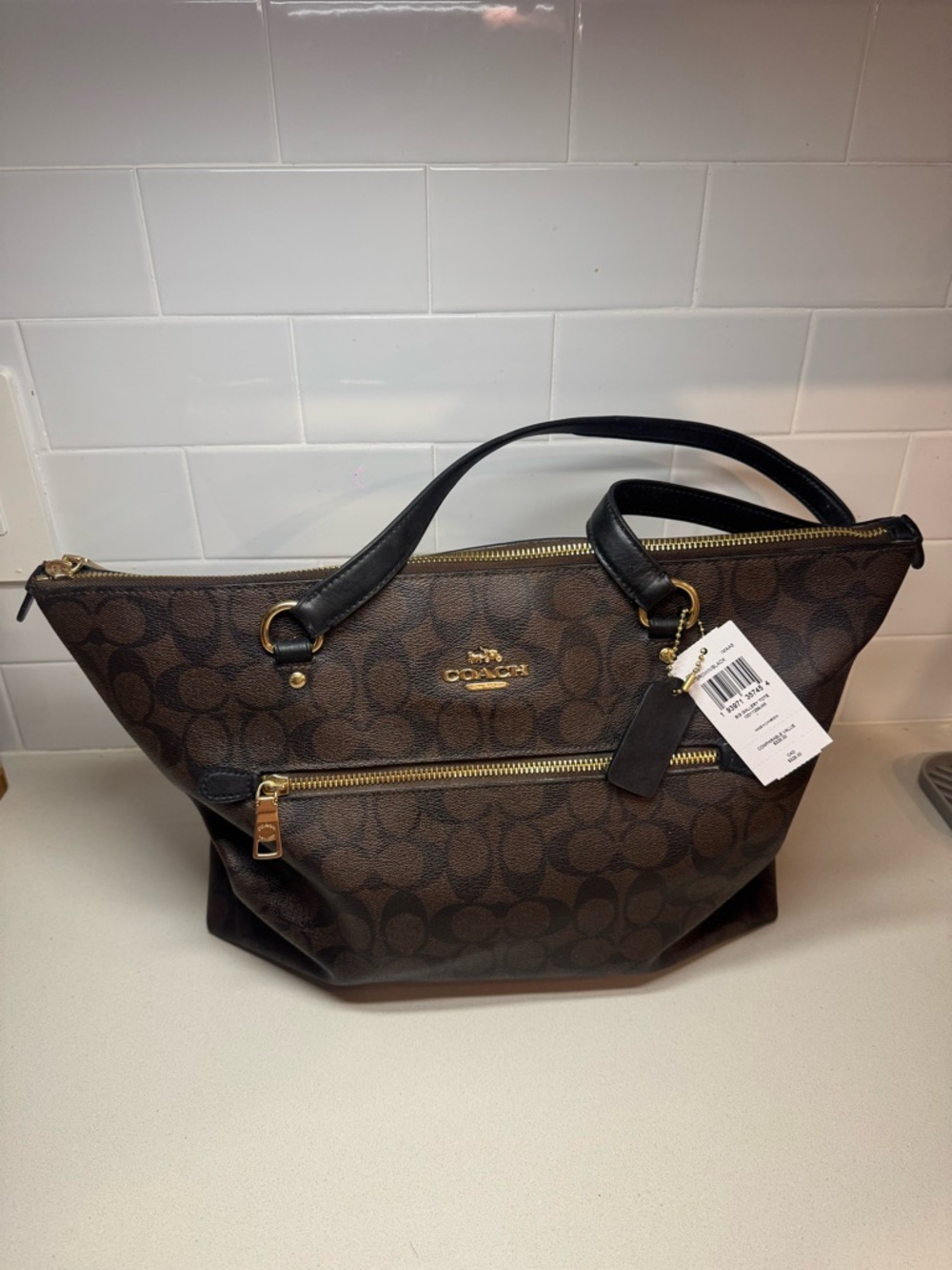 Coach Brown Signature Canvas Tote Bag with Front Zip Pocket